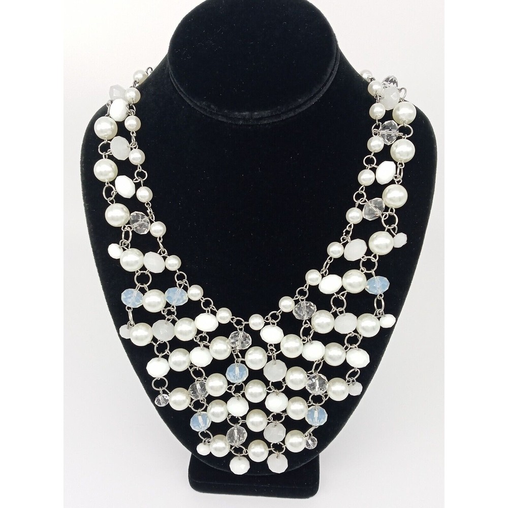 White Beaded Cluster Bib Statement Necklace Faux Pearl Silver Tone Link Frosted
